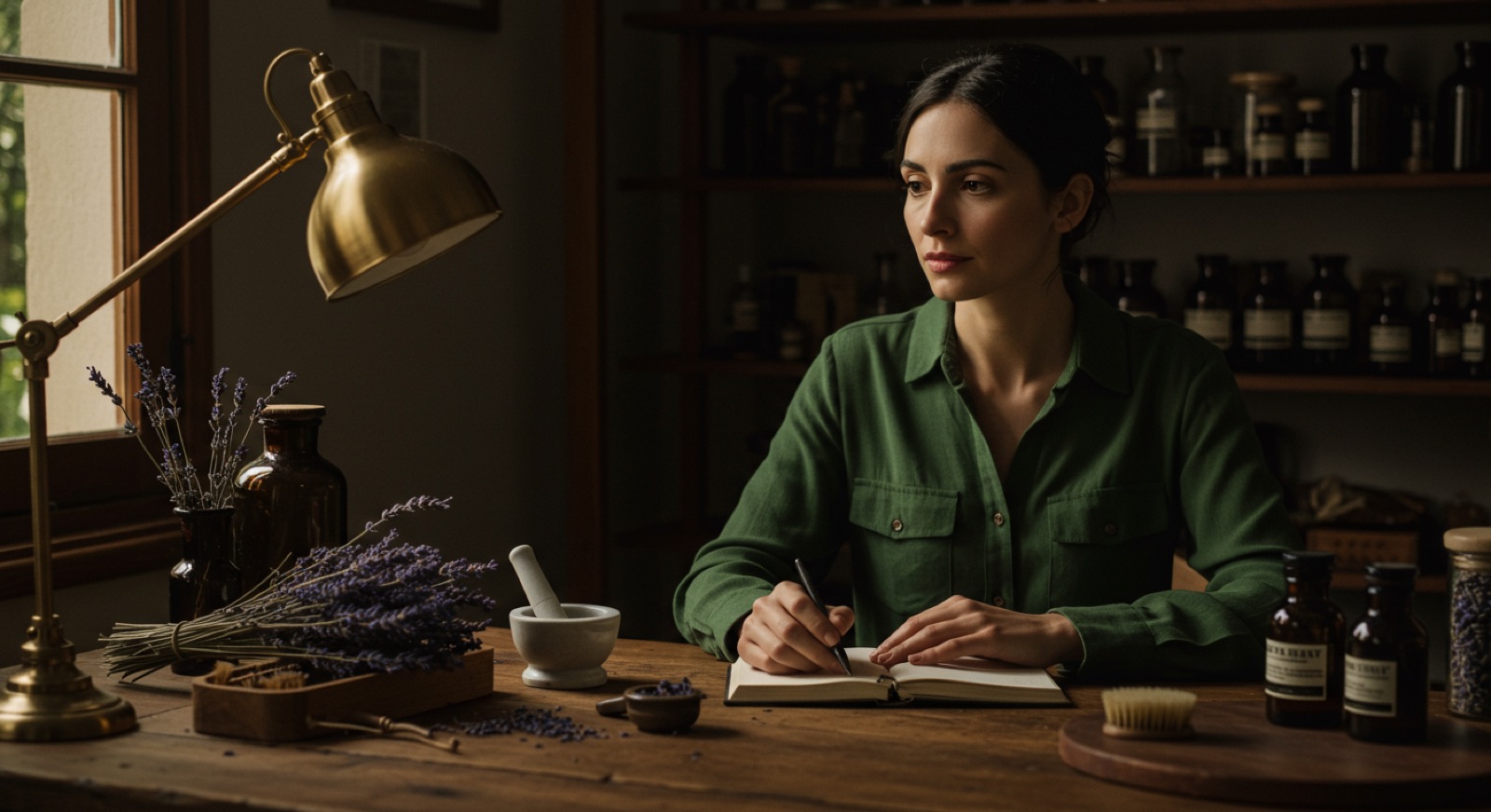 Portrait de Clara Morel entourée de plantes aromatiques