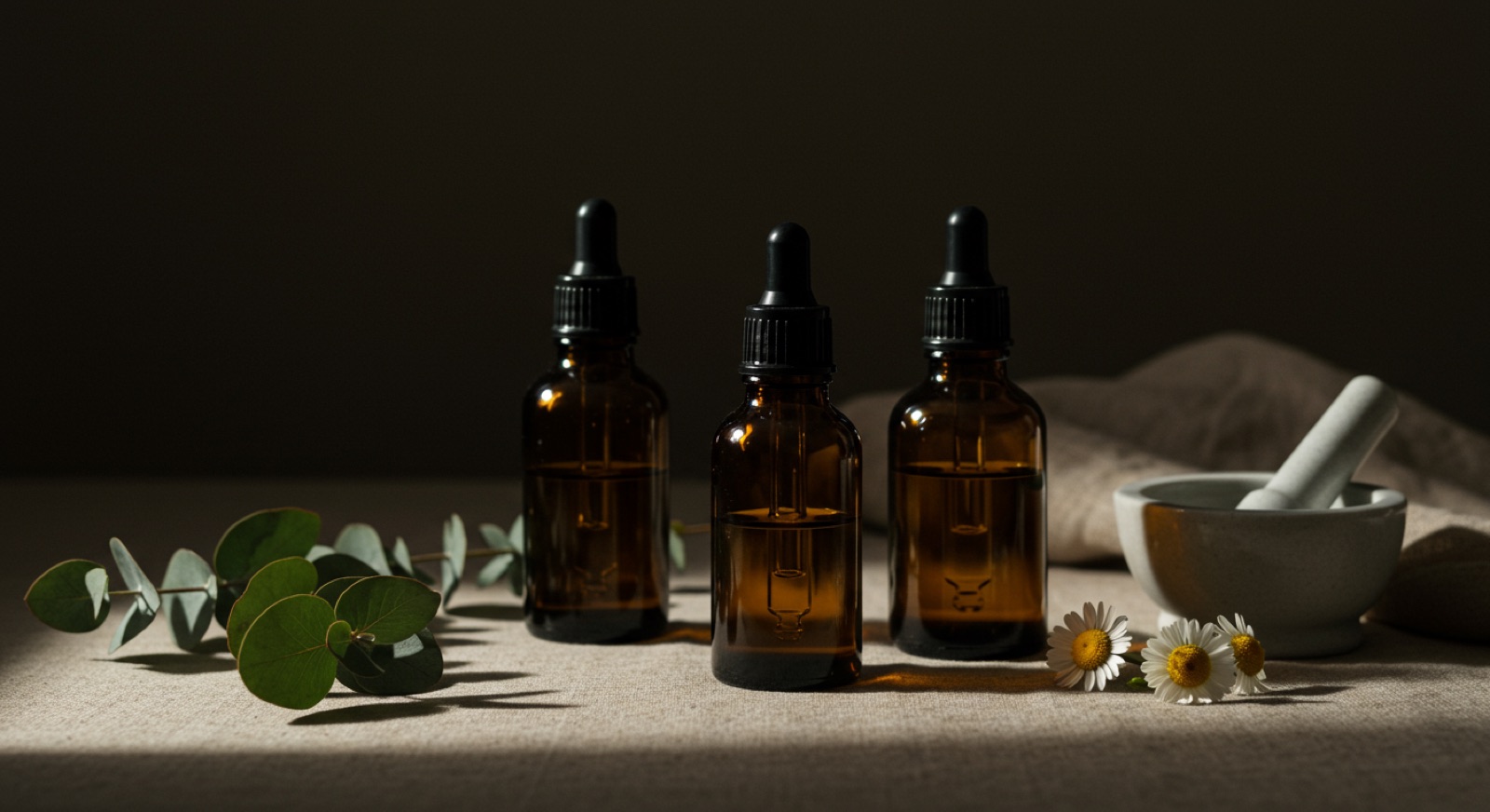 Huiles essentielles ambrées et plantes en nature morte